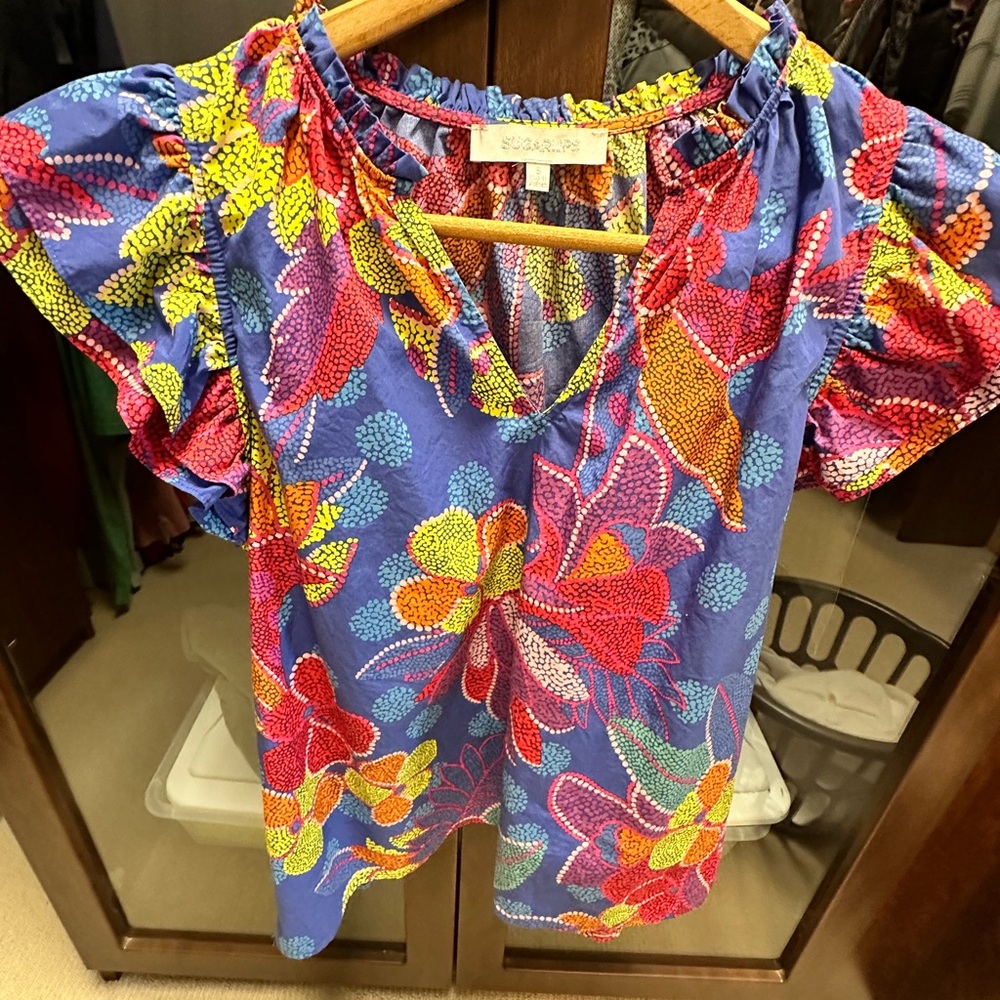 Amazonia Blue Risette Ruffle Cap Sleeve Split Neck Top.